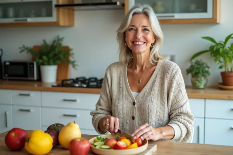 Femme en cuisine préparant une salade de fruits frais