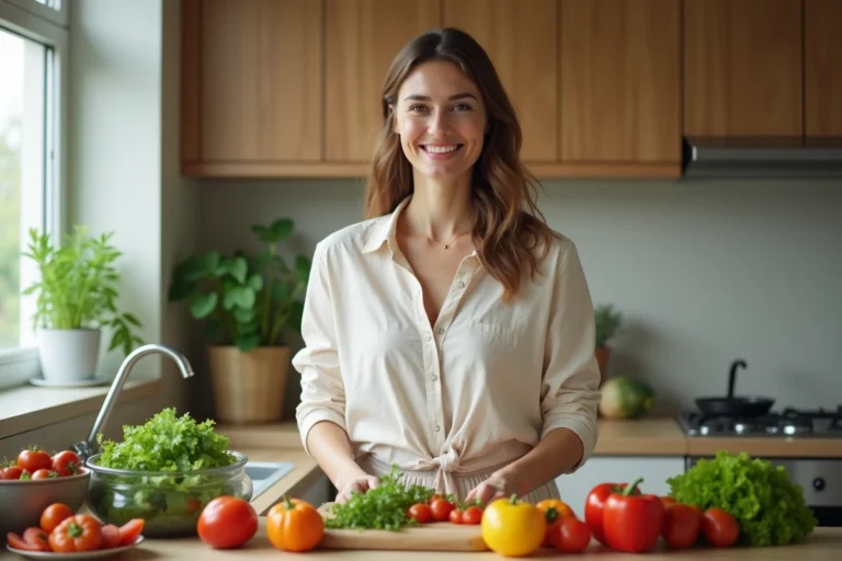 Femme souriante préparant une salade de légumes frais dans sa cuisine