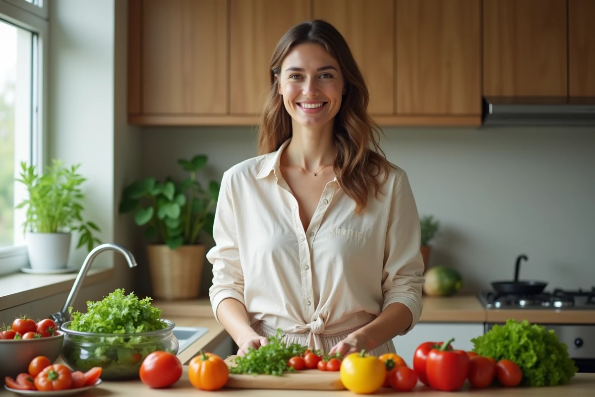 Femme souriante préparant une salade de légumes frais dans sa cuisine