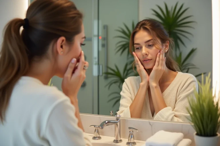 Femme appliquant soin visage dans salle de bain moderne