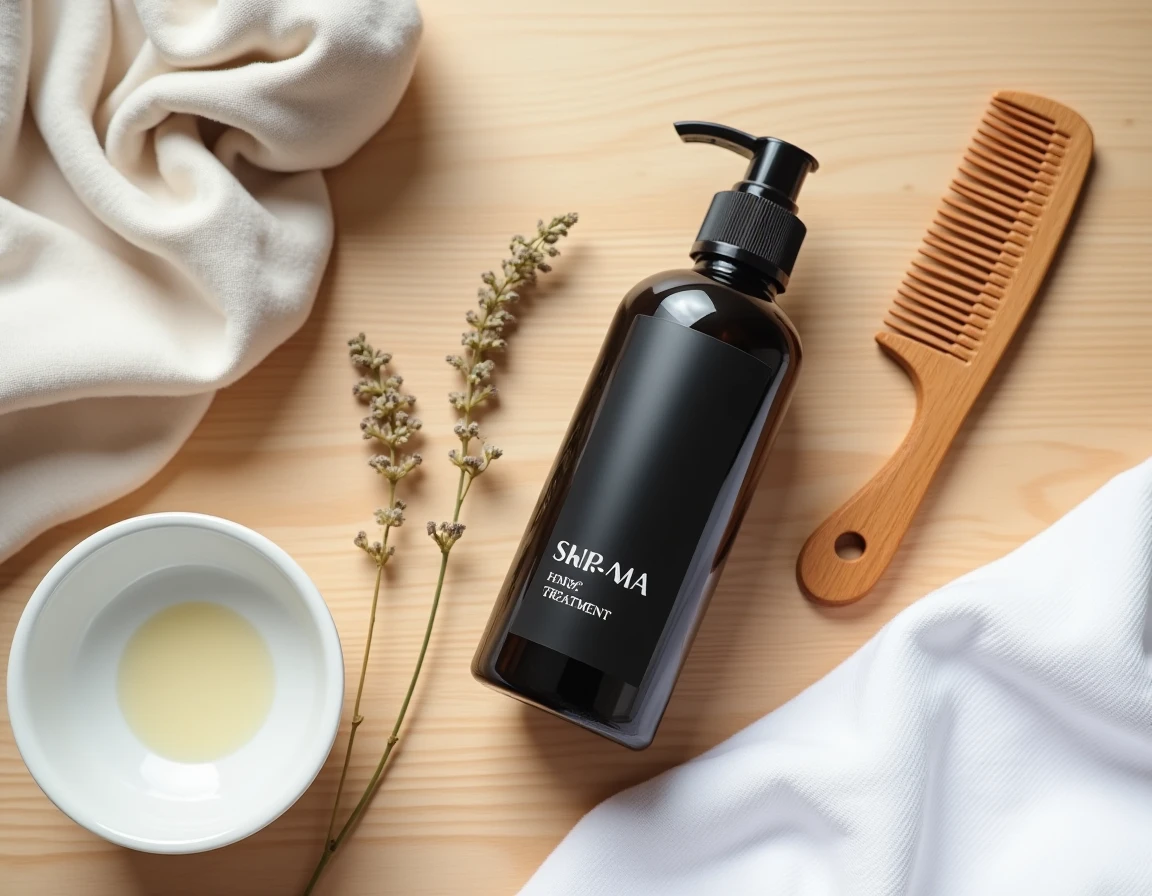 Flat-lay soins capillaires Vermogal avec peigne en bois, flacon sérum et accessoires sur surface en bois clair