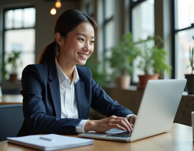 Femme professionnelle suivant une formation en ligne sur mesure dans un espace de co-working moderne