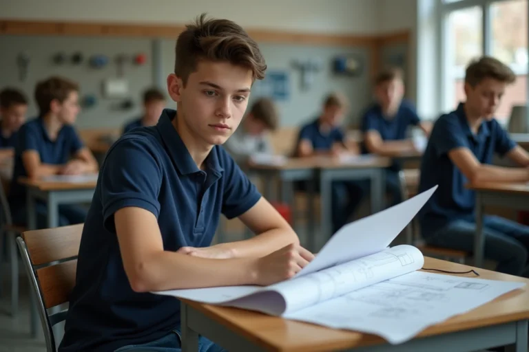 Jeune garçon de 16 ans étudiant des plans techniques dans un atelier de lycée professionnel, illustrant le choix d'une formation professionnelle à 16 ans