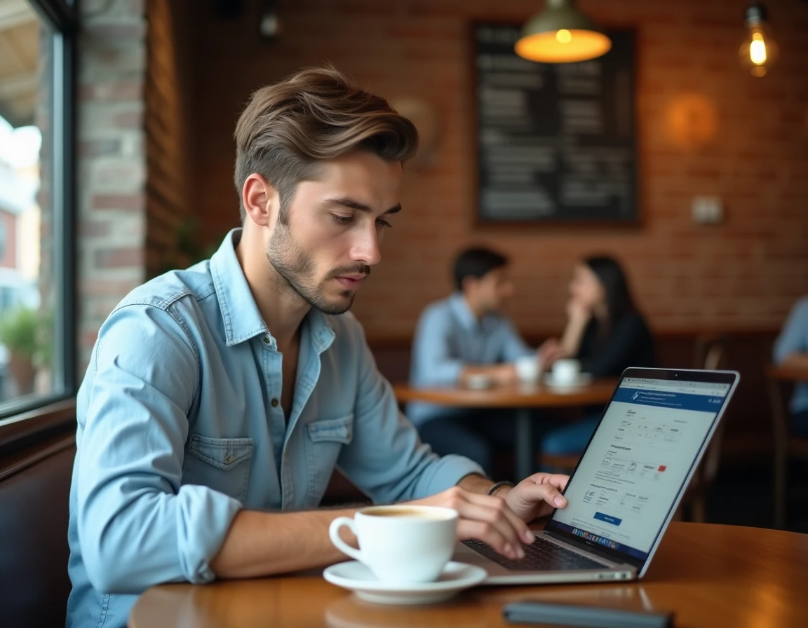 Jeune freelance comparant des offres d'assurance professionnelle sur son ordinateur portable dans un café urbain