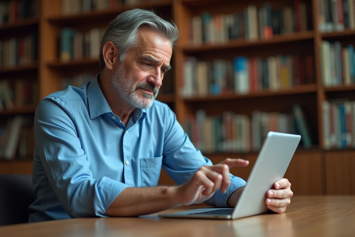Homme d age moyen dans une bibliothèque avec tablette en main