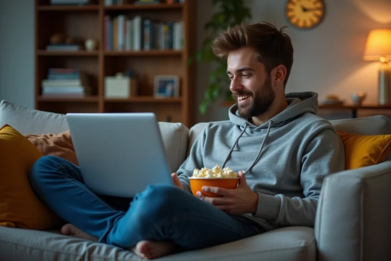 Jeune homme détendu regardant un film sur son ordinateur