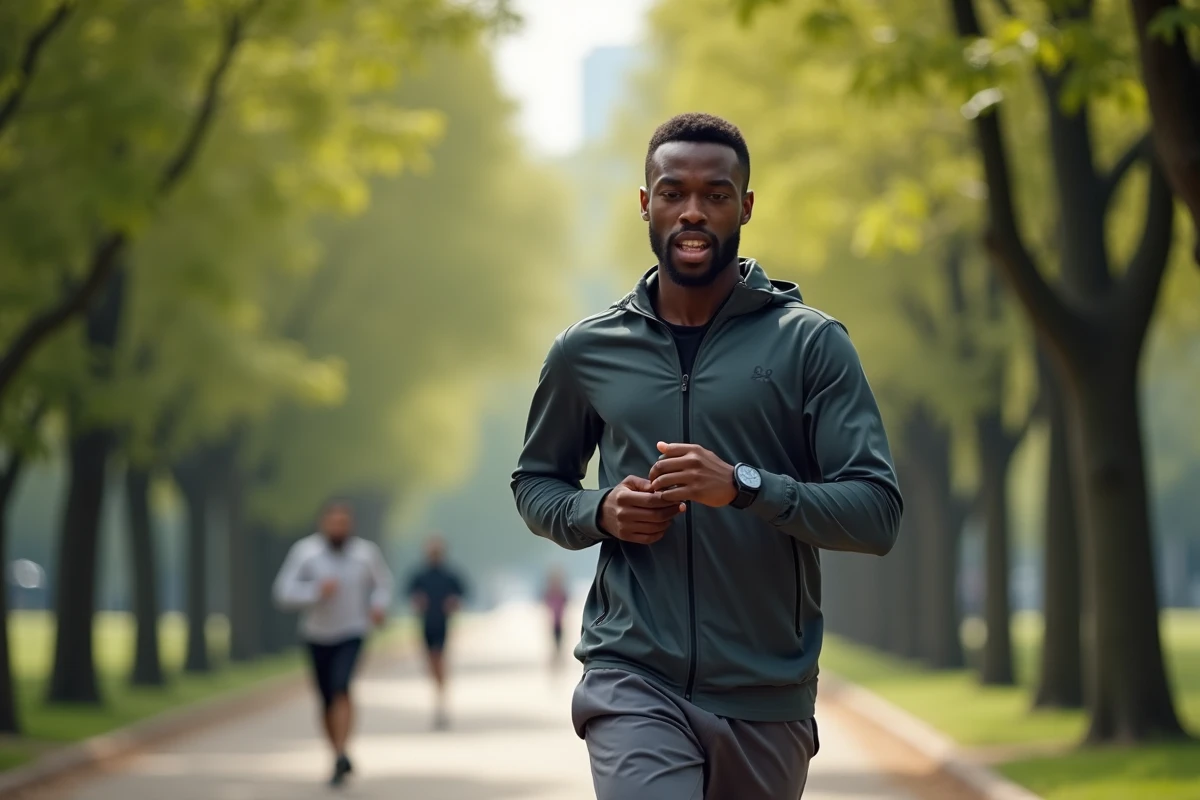 Jeune homme courant dans un parc urbain avec smartwatch