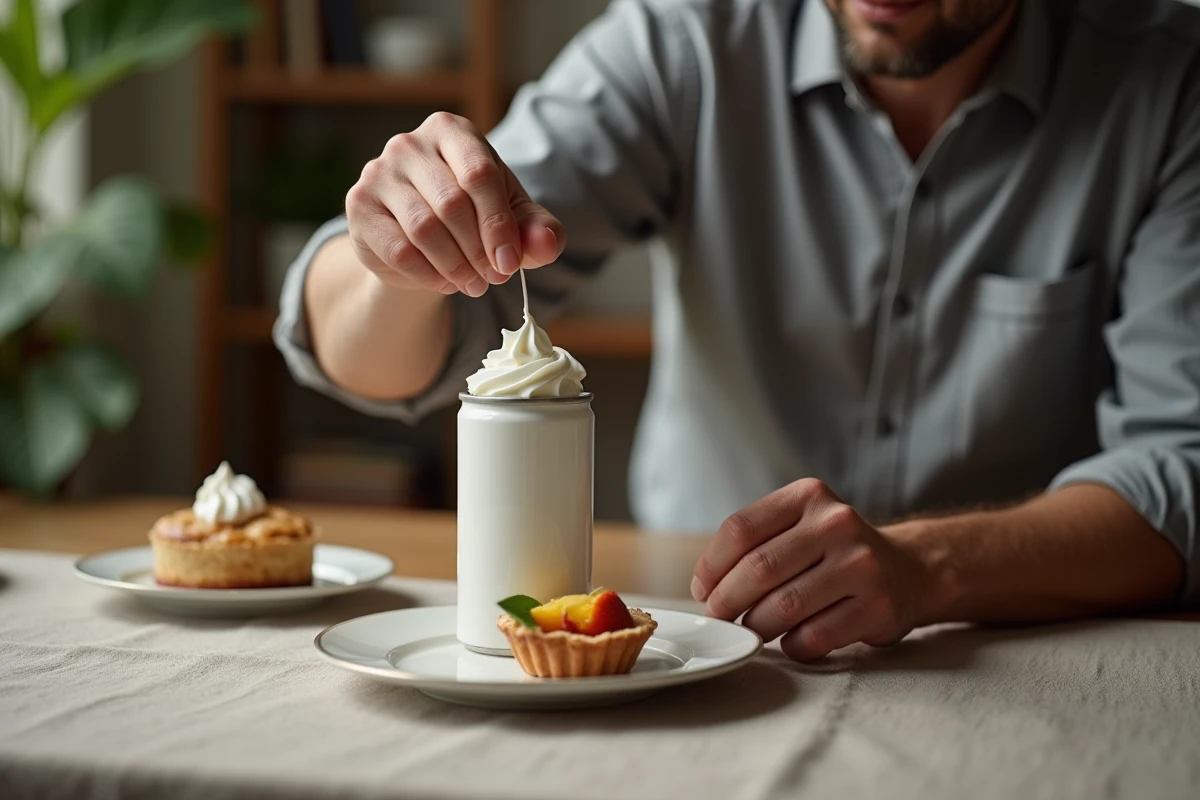 Homme débouchant la buse d'une bombe de chantilly au-dessus d'une tarte aux fruits sur une table en bois avec nappe en lin