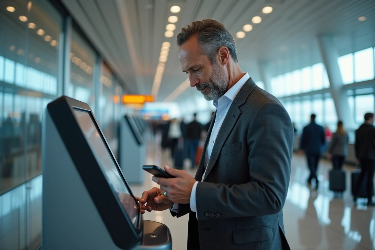 Homme d age moyen au check-in a l aéroport