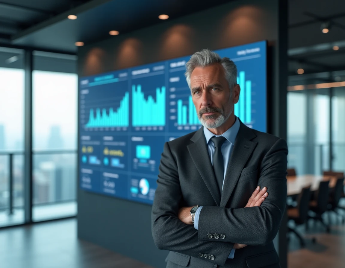 Homme d'affaires examinant des graphiques comparatifs sur un écran interactif en salle de réunion, représentant l'évaluation des alternatives à Adivak en 2026