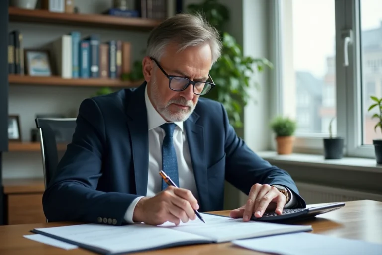 Homme d'âge moyen en costume bleu dans un bureau lumineux