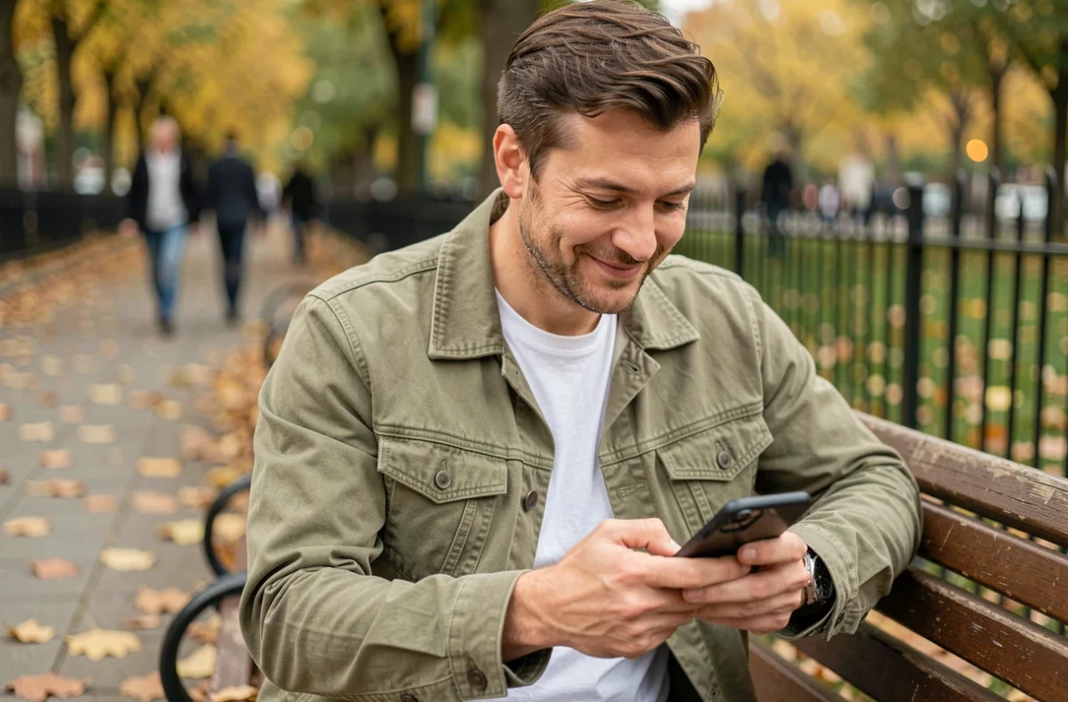 Homme souriant en train d'envoyer un message romantique avec des emojis dans un parc en automne
