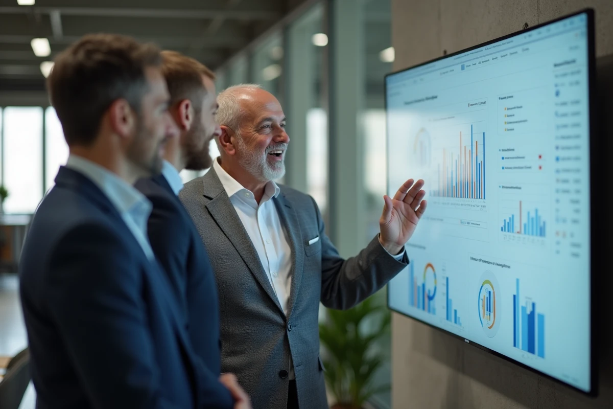 Homme professionnel présentant un tableau de bord analytique en réunion