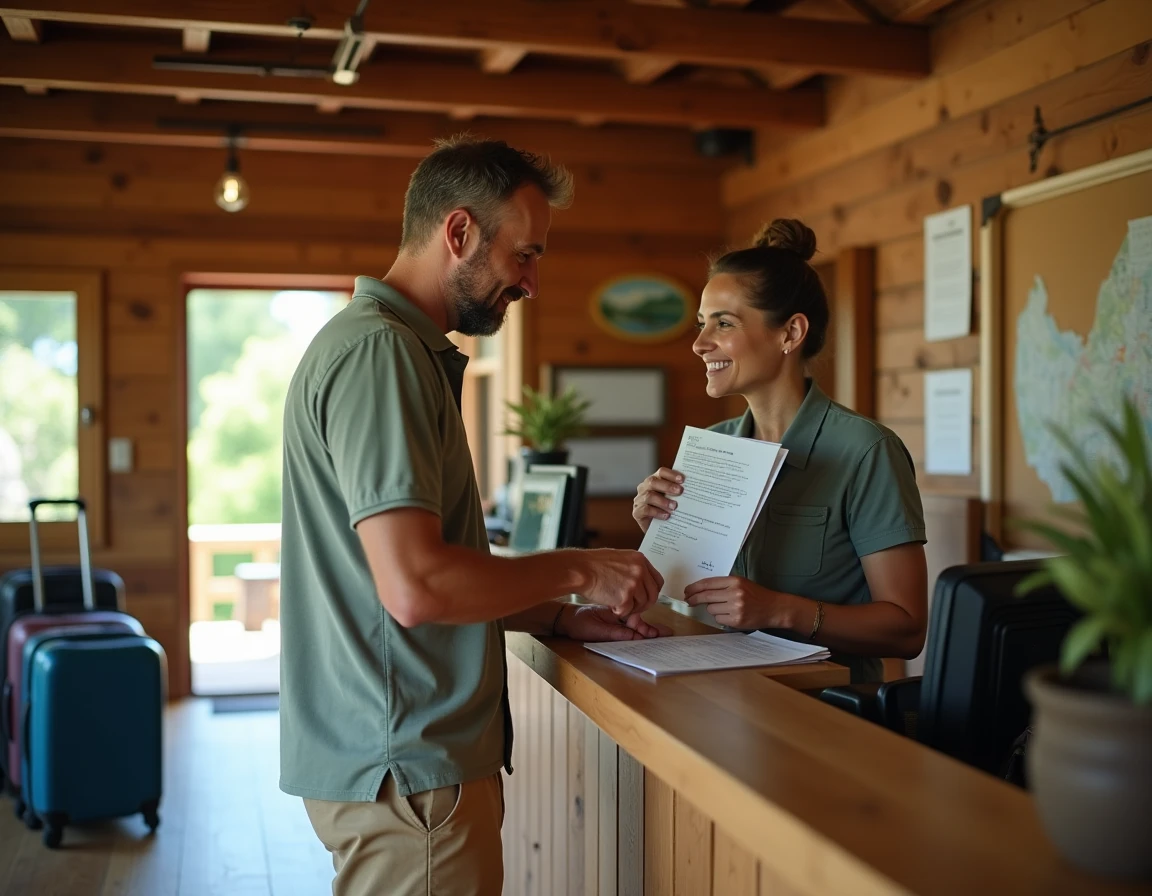 Homme remettant une attestation d'assurance villégiature au gestionnaire d'un gîte de vacances