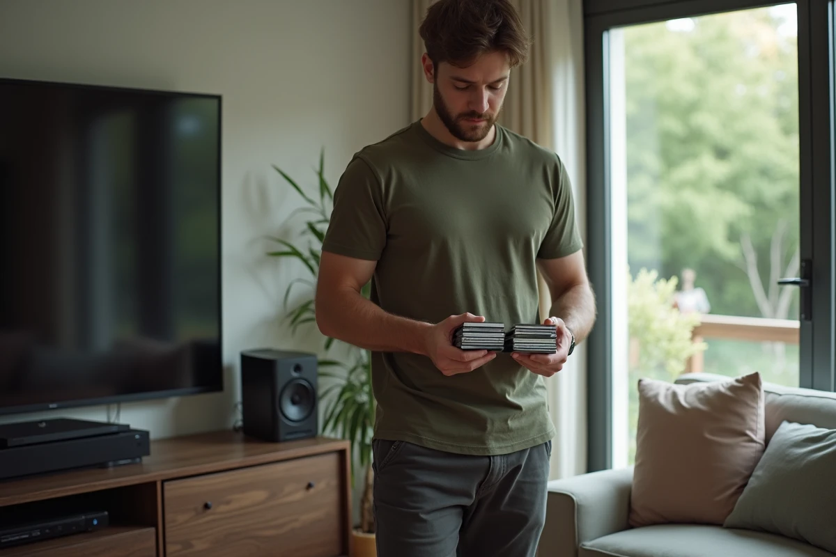 Homme triant des clés USB et des CDs dans un salon accueillant