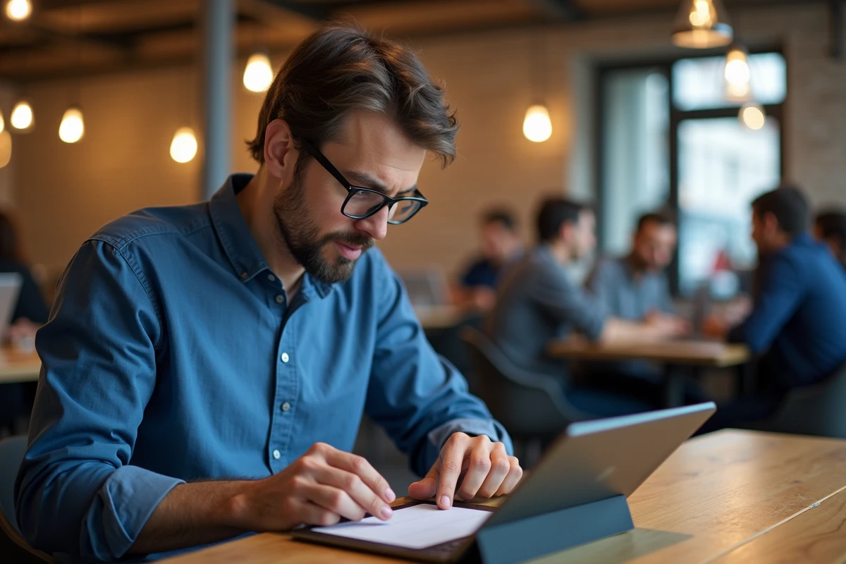 Homme en coworking parisien utilisant une tablette