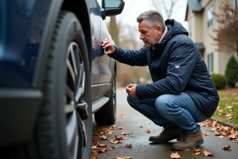 Homme en veste hiver examine un pneu de SUV