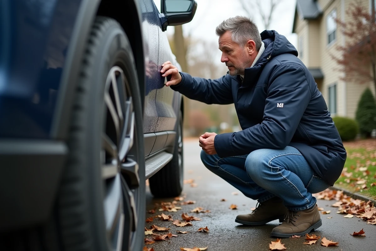 Homme en veste hiver examine un pneu de SUV