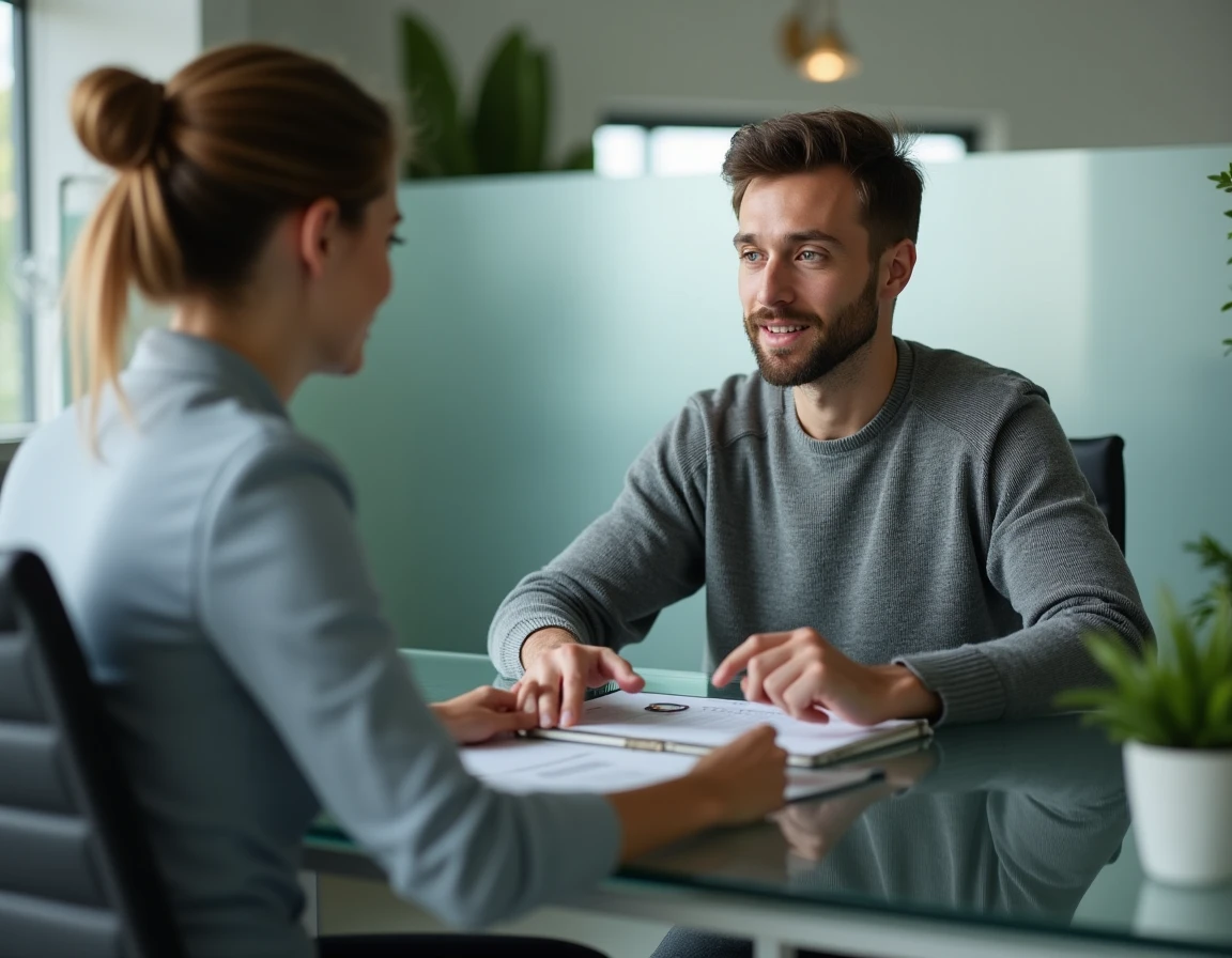 Travailleur indépendant en réunion avec un conseiller en assurance professionnelle dans un bureau moderne