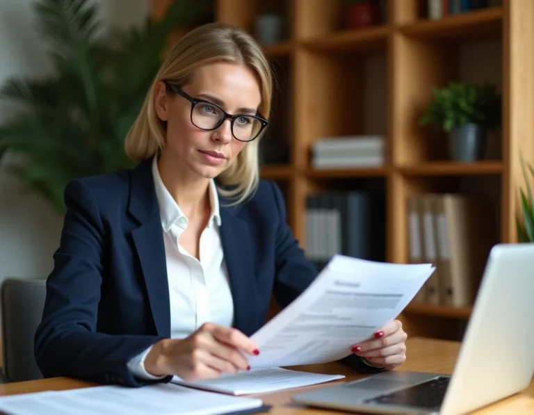 Femme indépendante en blazer marine étudiant des documents d'assurance professionnelle dans un bureau à domicile moderne
