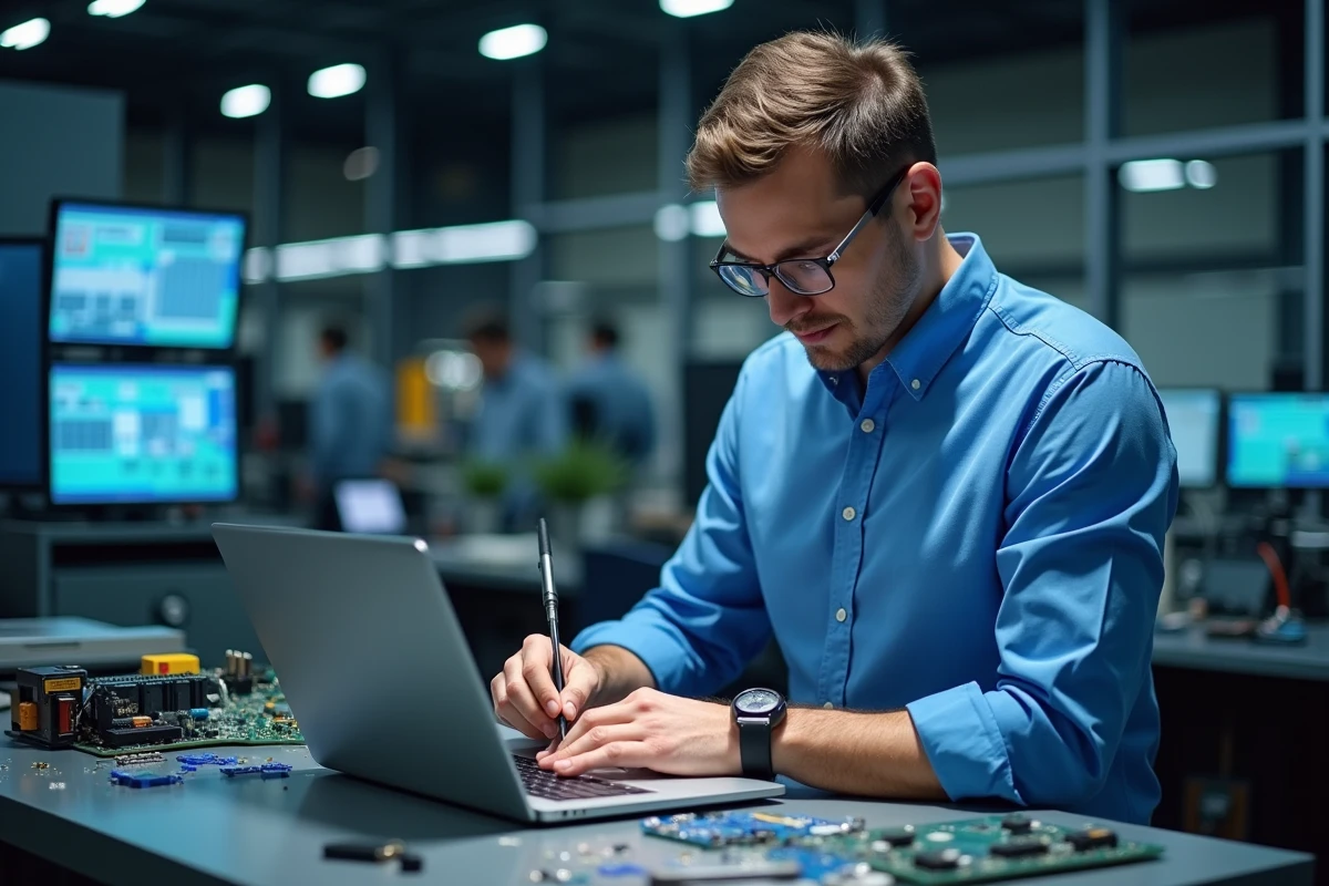 Ingénieur en laboratoire hightech assemble un laptop