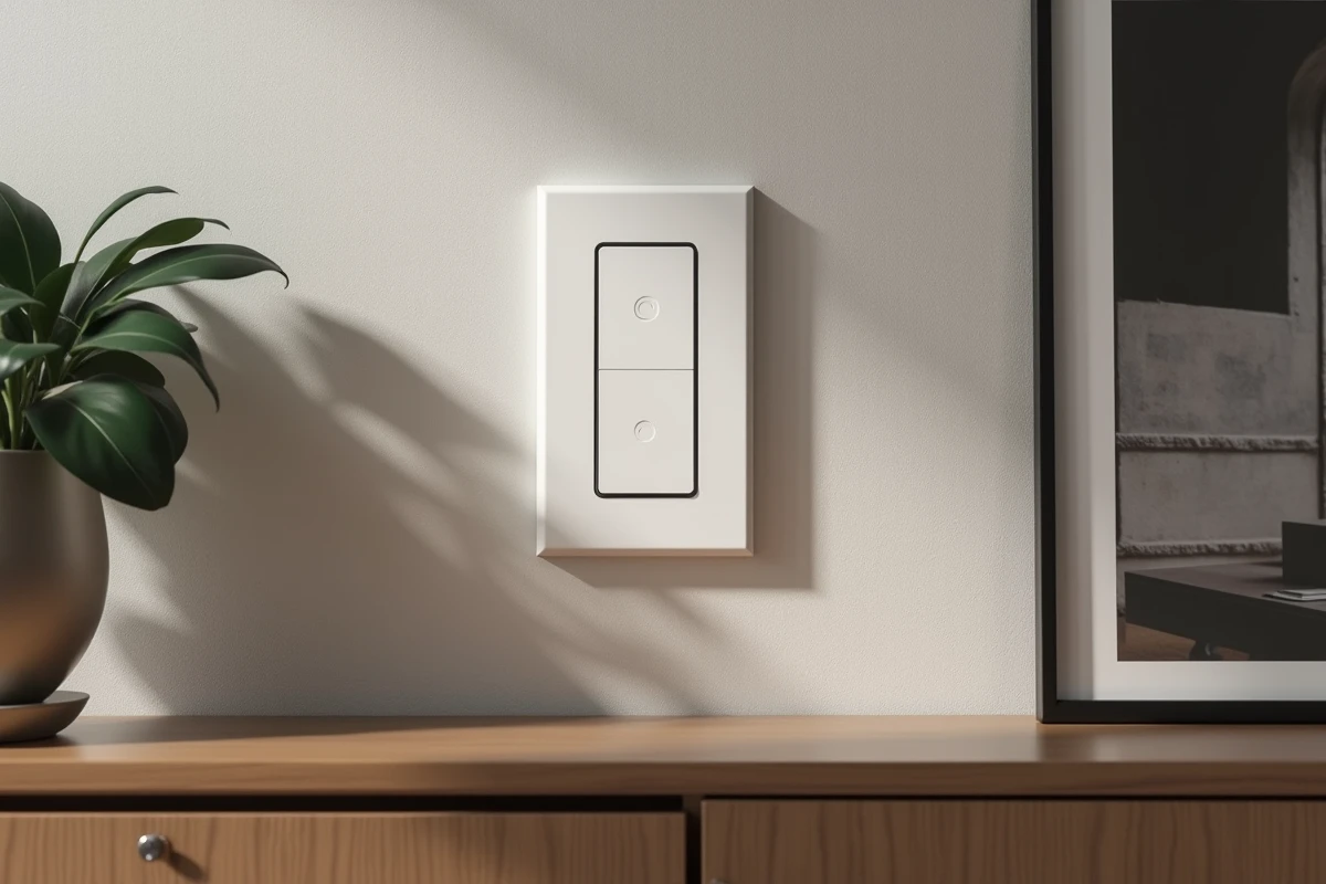 Interrupteur design Legrand haut de gamme intégré dans un intérieur parisien élégant avec console en chêne et décoration minimaliste