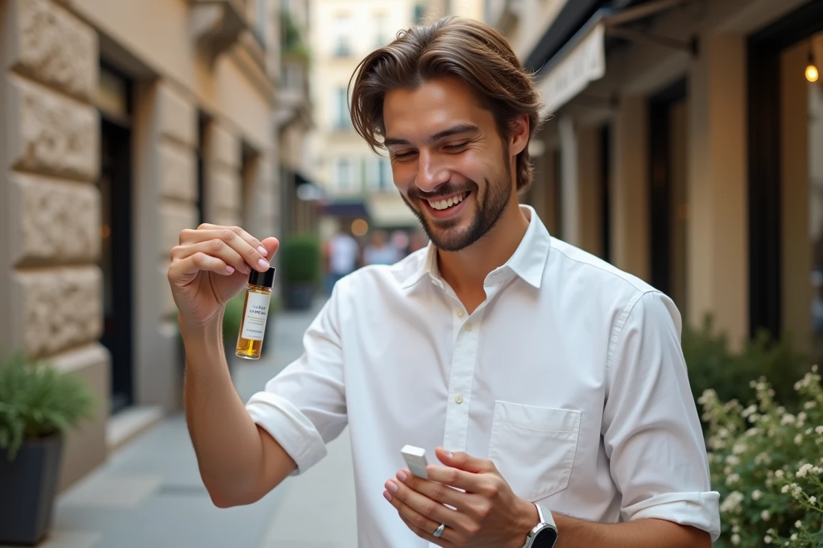 Jeune homme souriant avec serum dans rue urbaine