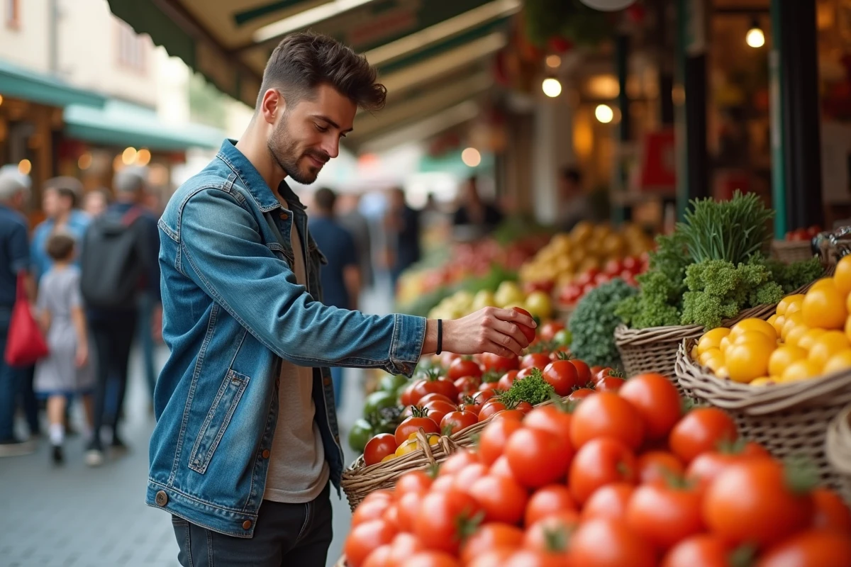 Jeune homme achetant des fruits et légumes au marché en plein air
