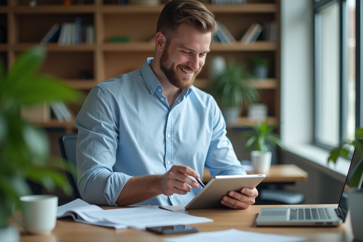 Jeune homme souriant utilisant une tablette au bureau