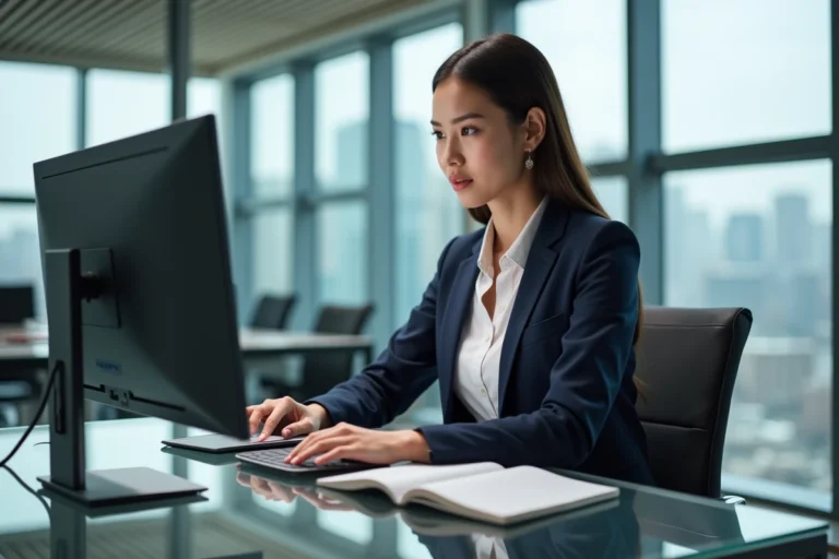Jeune femme professionnelle analysant des données sur un double écran