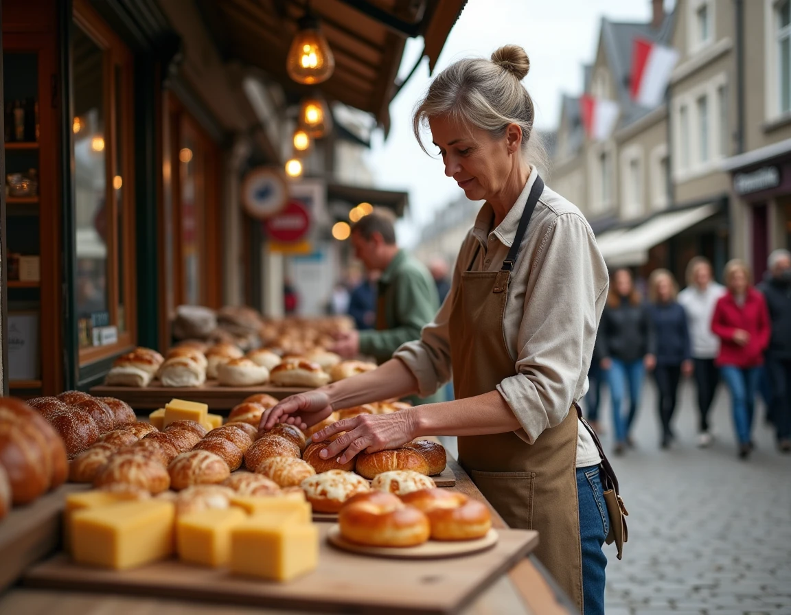 Marché traditionnel breton avec des spécialités culinaires sur une place médiévale en Bretagne