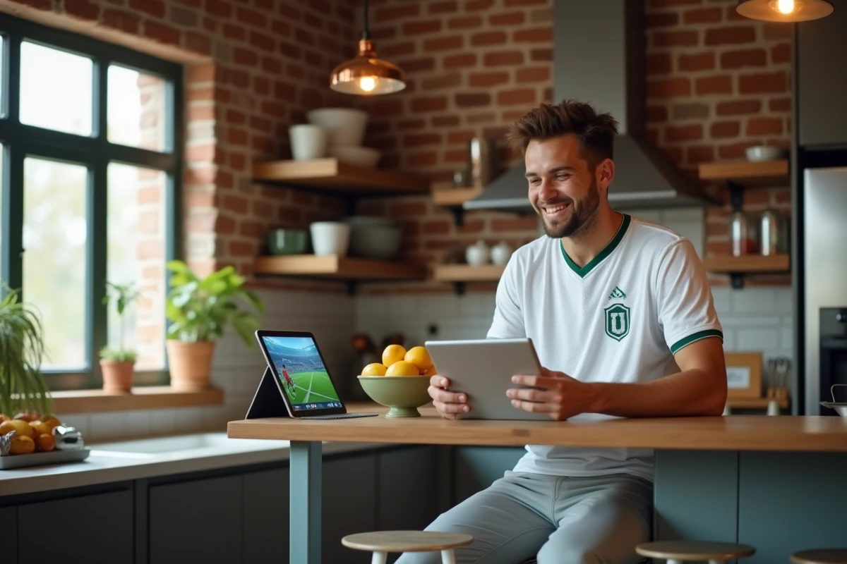 Jeune homme regardant un match de football en streaming sur tablette dans une cuisine moderne