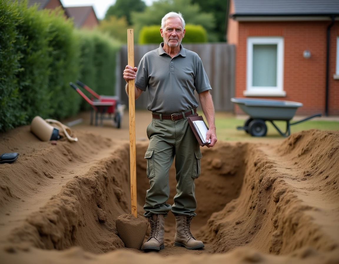 Ouvrier mesurant la profondeur d'une excavation rectangulaire pour la construction d'une terrasse enterrée dans un jardin privé