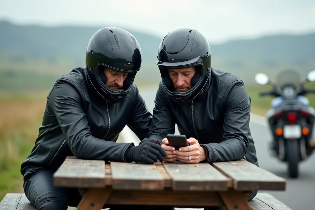 Deux motards en équipement consultant un site de planification d'itinéraires moto sur smartphone lors d'une pause routière