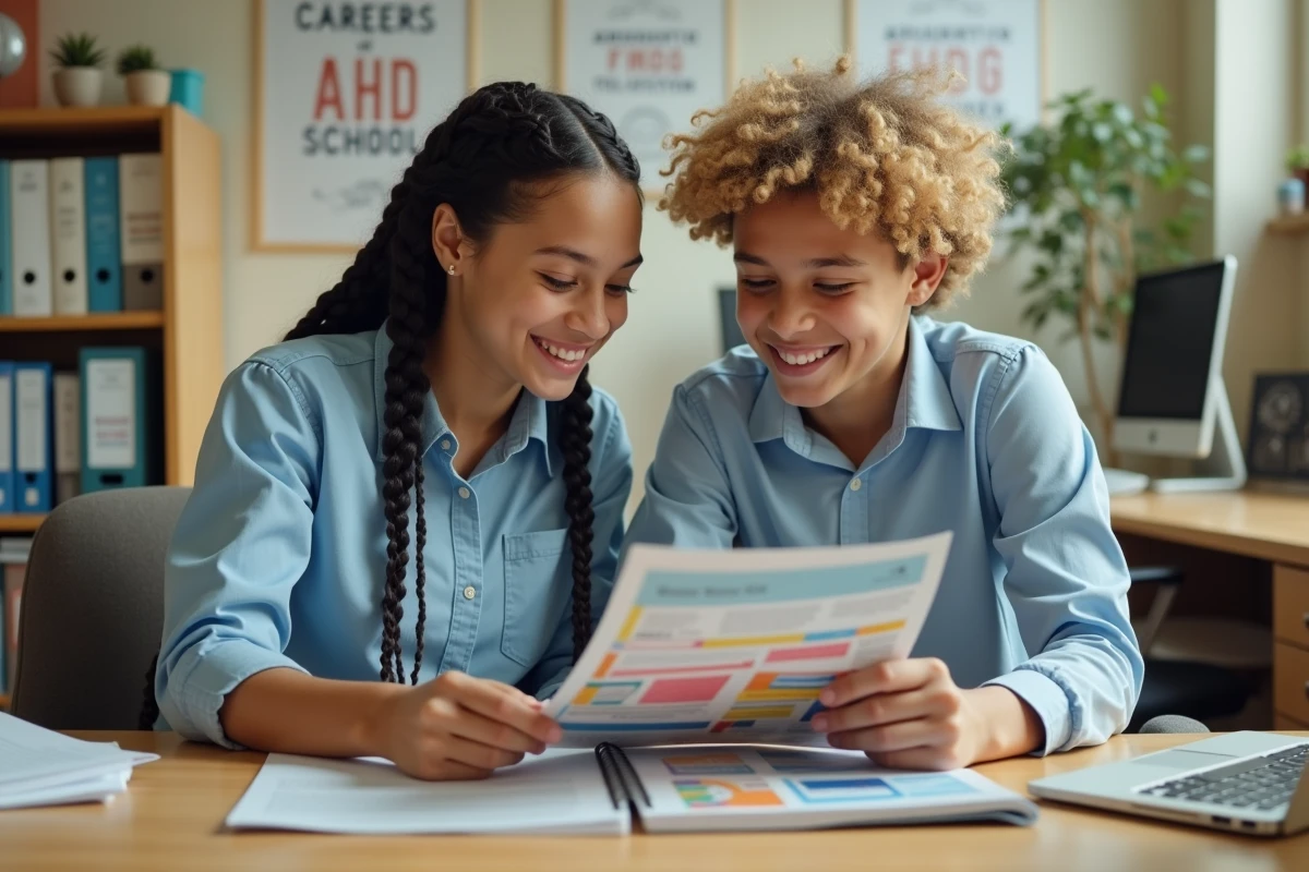Deux adolescents de 16 ans consultant une brochure de formations scolaires dans un bureau d'orientation, représentant le processus de choix d'une voie professionnelle après la troisième