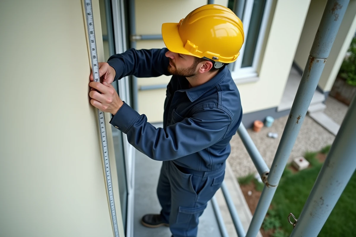 Ouvrier sur un échafaudage de location en aluminium mesurant la hauteur d'une façade résidentielle