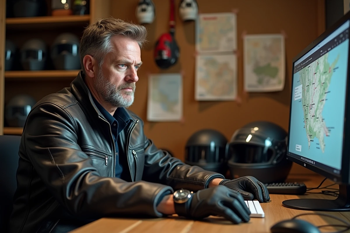 Passionné de moto explorant des ressources et forums en ligne sur son ordinateur entouré d'équipements moto