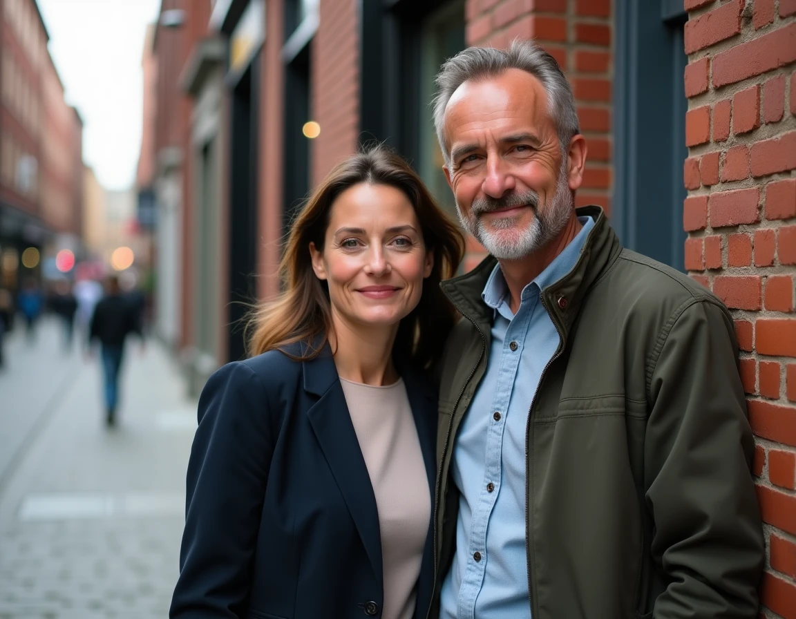 Portrait de couple devant un mur de briques en ville, symbolisant leur parcours et leur complicité au fil du temps