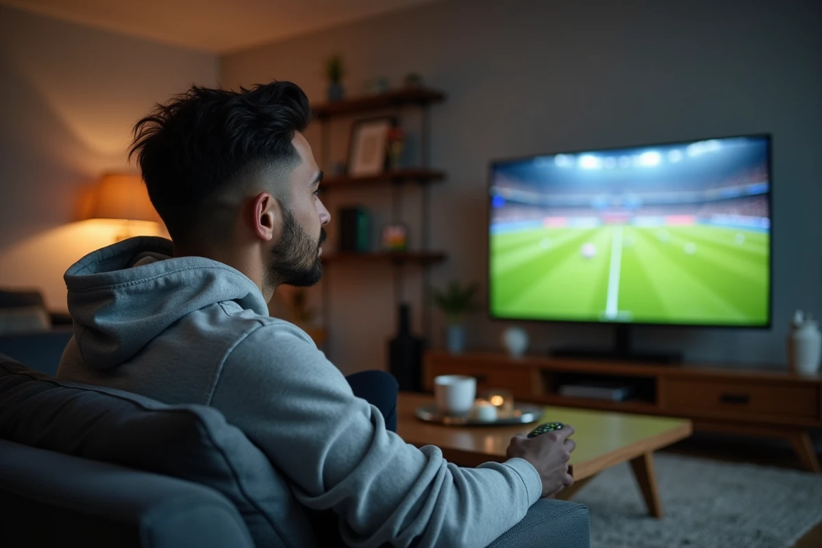 Homme regardant RMC Sport sur sa télévision depuis son canapé dans un salon moderne