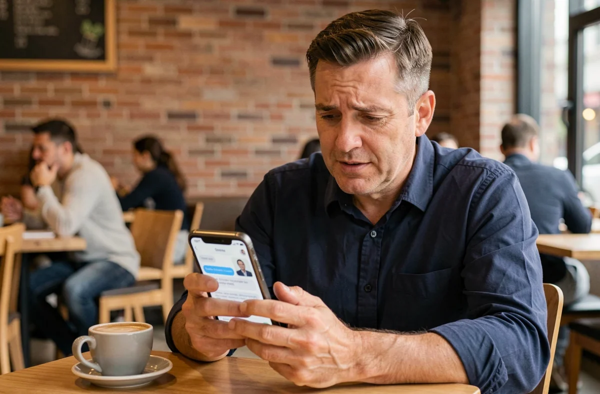 Homme consultant une réponse de service client sur son smartphone dans un café urbain