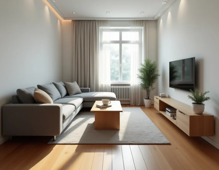Salon moderne équipé avec canapé, télévision murale et étagère en bois pour un logement confortable