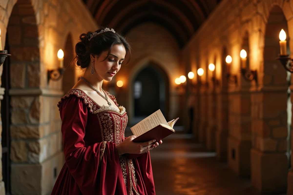 Soprano en costume d'époque étudiant une partition de Verdi dans les coulisses d'un opéra historique