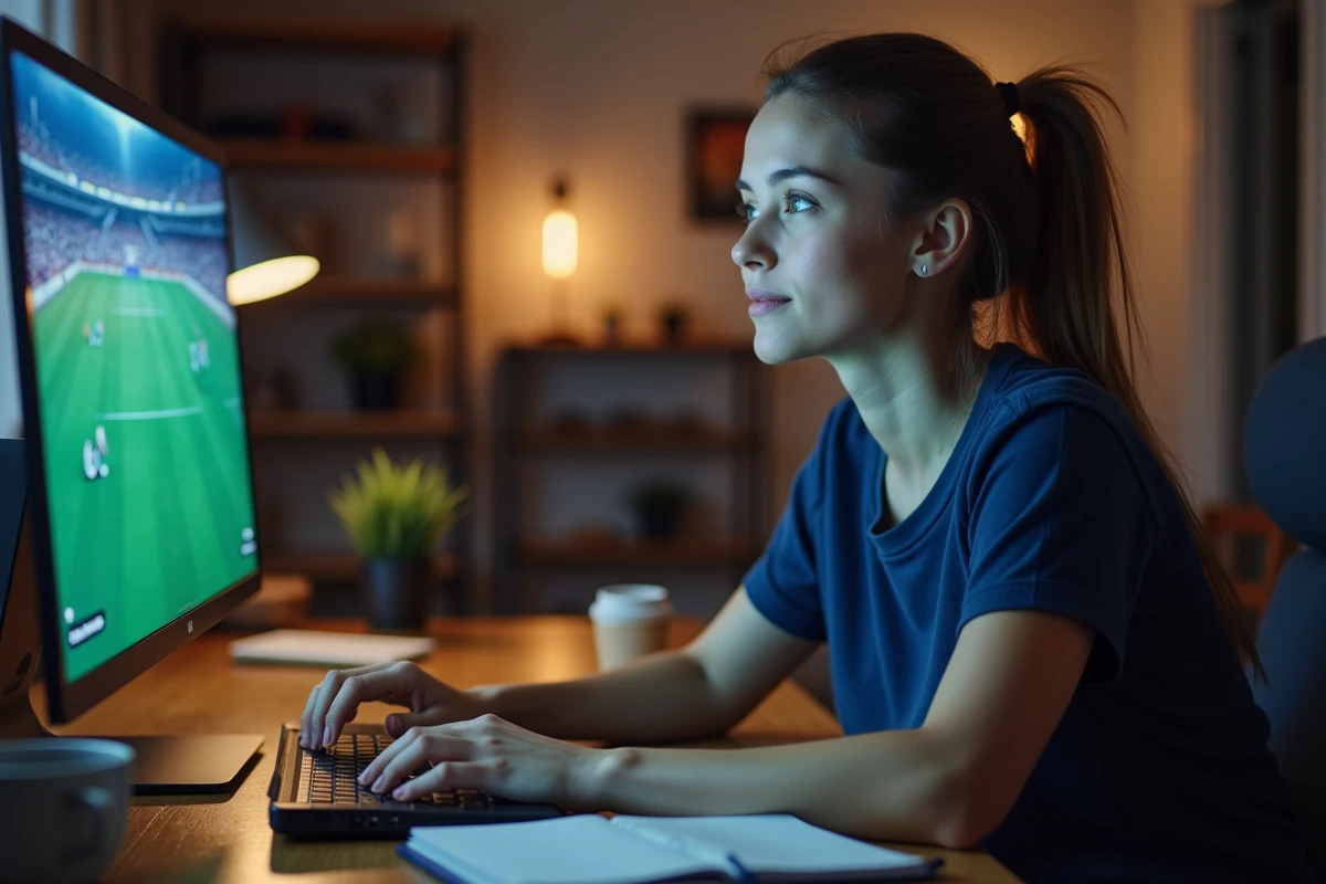 Femme regardant un match sportif en streaming légal sur son ordinateur portable à son bureau
