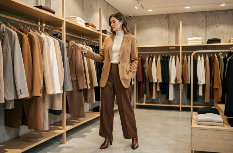 Femme élégante portant un blazer camel oversize et un pantalon large dans une boutique de mode minimaliste parisienne