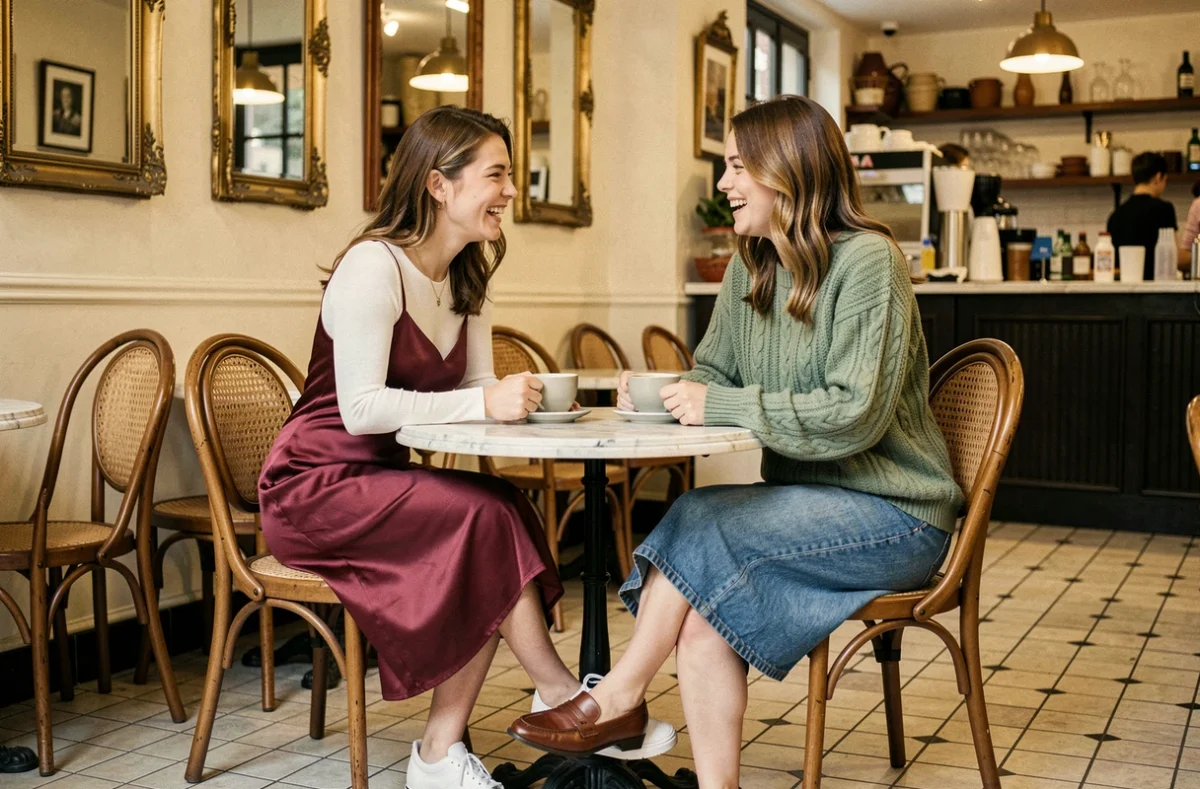 Deux femmes tendance en tenues saisonnières layering assises dans un café parisien