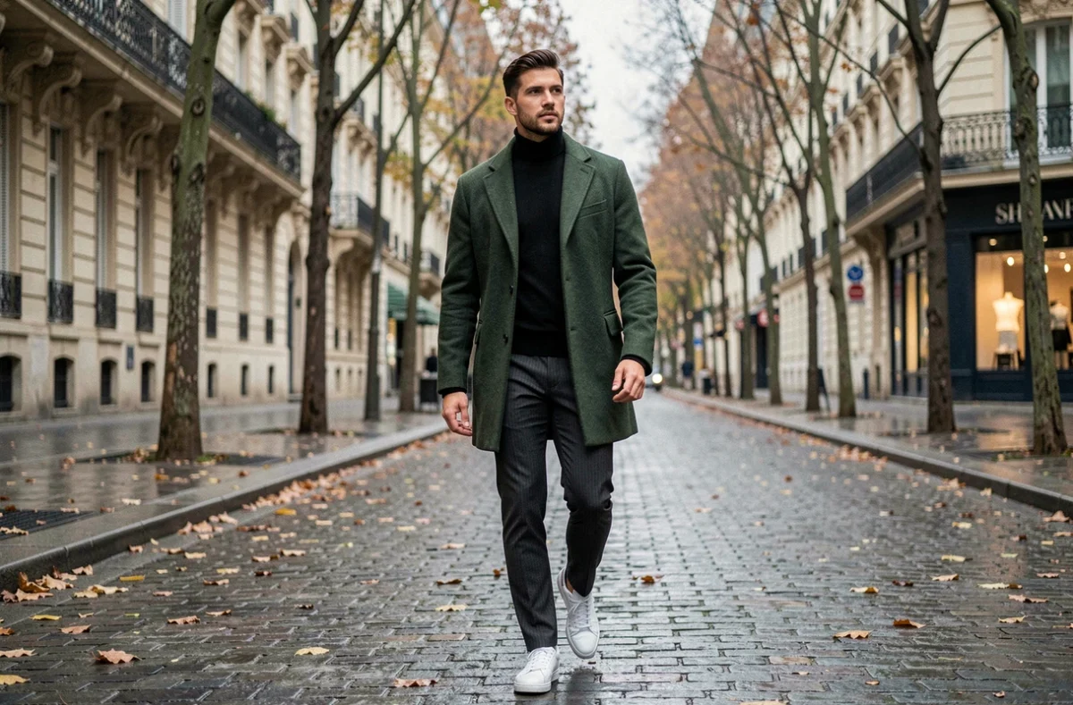 Homme stylé en manteau vert forêt marchant sur les pavés d'une rue parisienne en automne