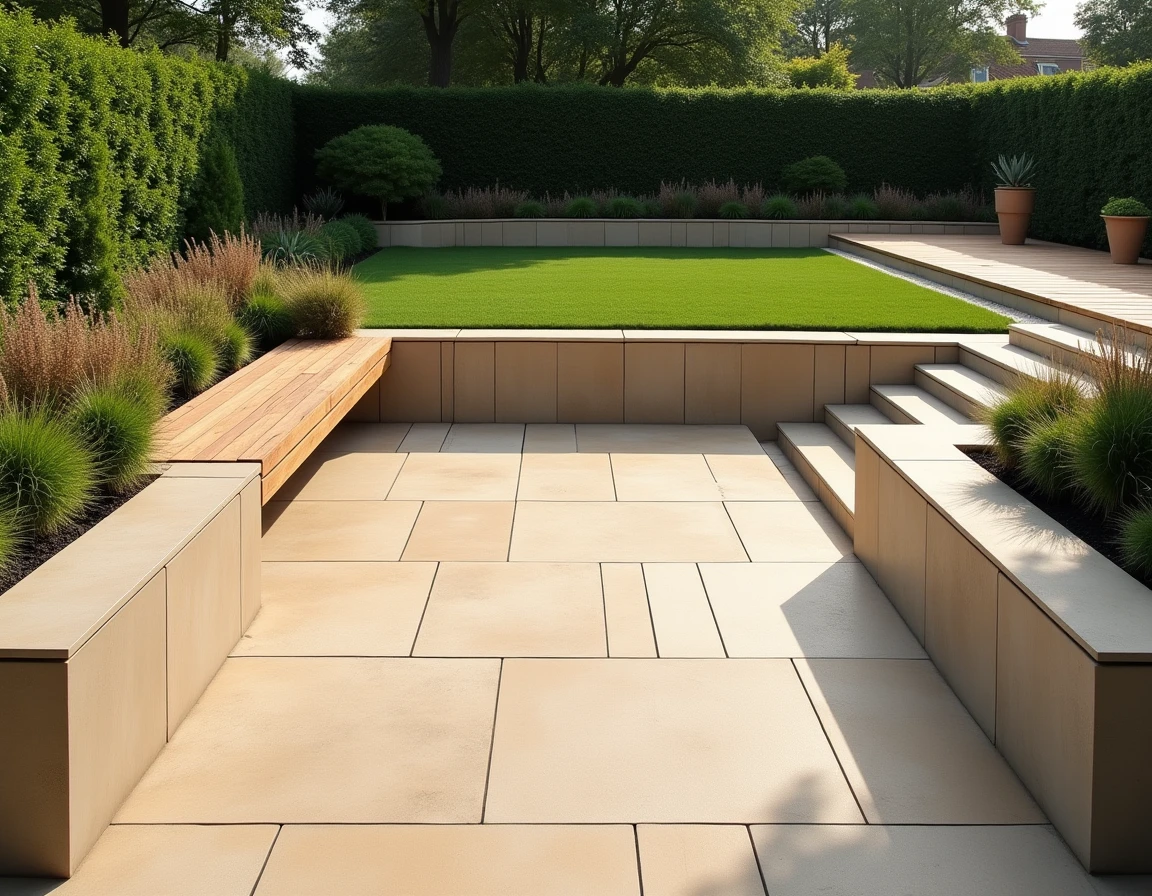 Vue d'ensemble d'une terrasse enterrée contemporaine avec murs de soutènement en béton et dallage en pierre naturelle dans un jardin résidentiel