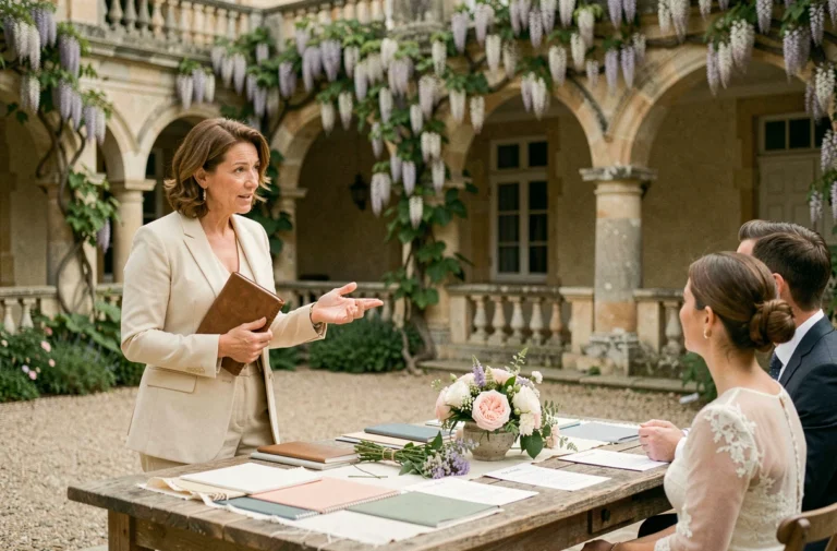 Wedding planner présentant des options de décoration sur-mesure à un couple dans une cour de château français